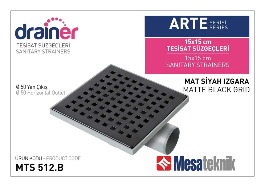 MTS 510B Arte Serisi 15 cm Tesisat Süzgeci Mat Siyah Izgara