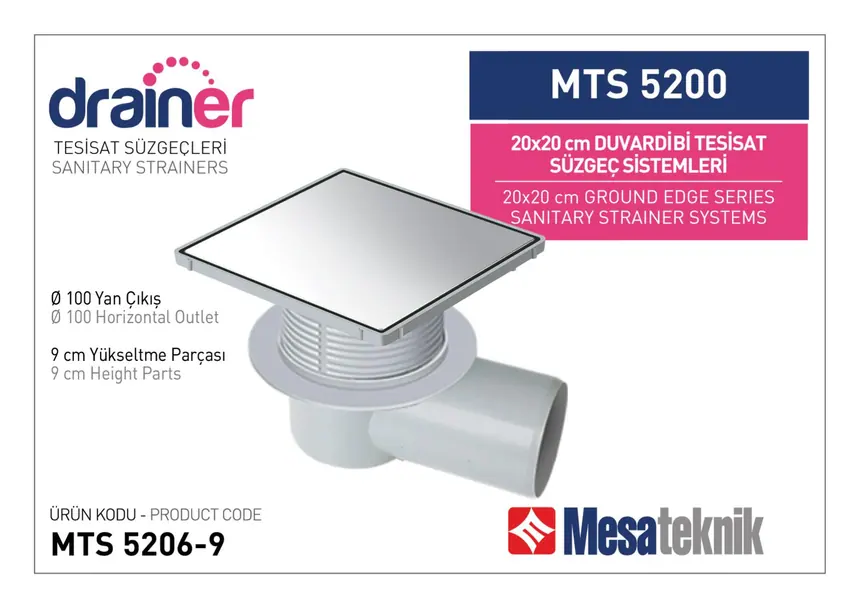 MTS 5200 20 cm Kare Duvardibi Tesisat Süzgeç Sistemleri